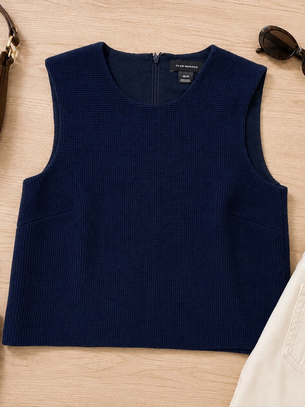 Club Monaco Womens Textured Waffle Knit Sleeveless Boxy Crop Top Navy Blue XS
